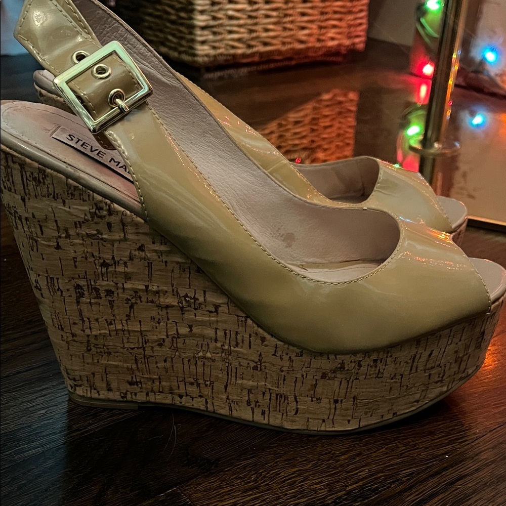Steve Madden Tan Peep-Toe Wedges with leather upper
